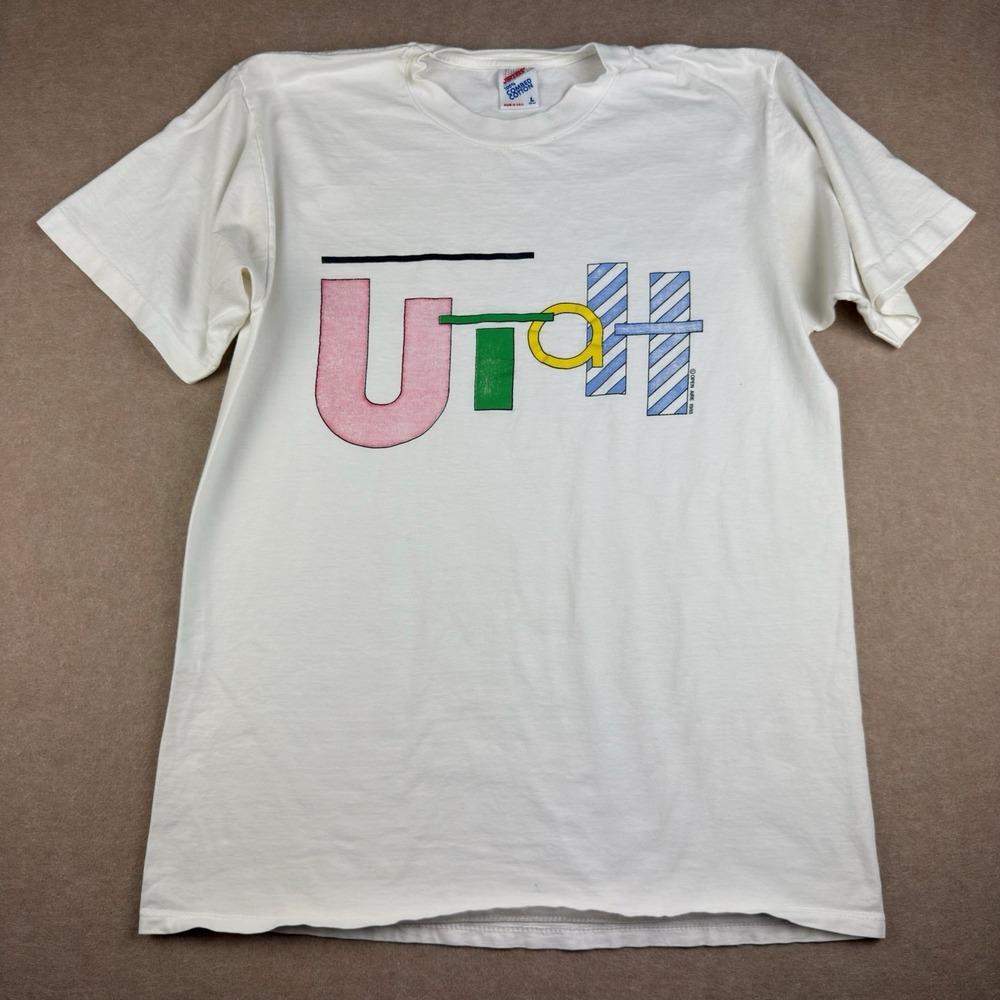 Vintage Jerzees Utah T-Shirt Men L White 1988 State Tee Single Stitch USA Made